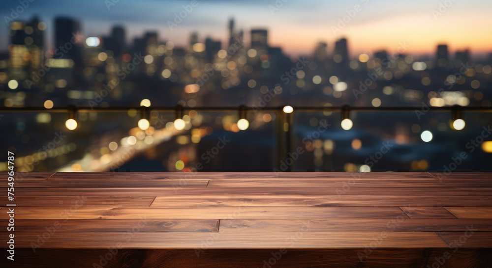 Empty wooden table for product demonstration and presentation on the background of he night city and night lights