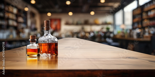 Empty wooden table for product demonstration and presentation on the background of a bar, store, with alcoholic drinks photo