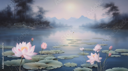 Illustration of a lake with waterlily, beautiful night sky © Dyah