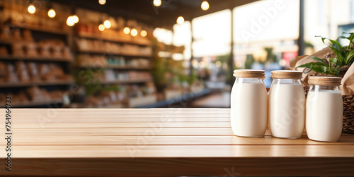 Dairy products in glass bottles stand on an empty wooden table against the backdrop of food aisles in a supermarket, store.Template for product demonstration and presentation.