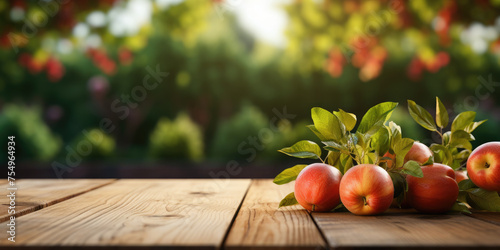 Ripe apples on a wooden table against the backdrop of an apple orchard. Harvest. Part of the table - empty - for demonstration and presentation of the product