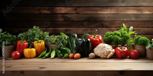 Beautiful ripe fresh vegetables on a wooden table against an empty wooden wall