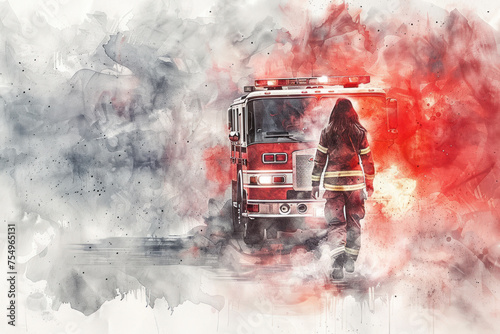 Firefighter woman walking near fire engine with red splash watercolor