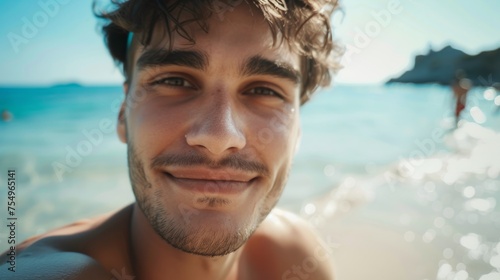 close-up shot of a good-looking male tourist. Enjoy free time outdoors near the sea on the beach. Looking at the camera while relaxing on a clear day Poses for travel selfies smiling happy tropical #754965141
