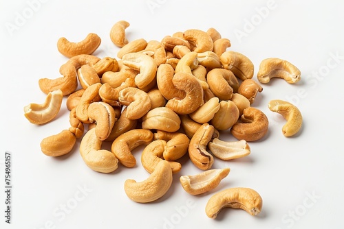 Pile of whole cashews arranged on white background