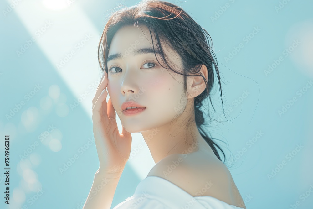 Young Asian beauty woman with korean makeup style, perfect clean skin on isolated blue background. Facial treatment, Cosmetology, plastic surgery.