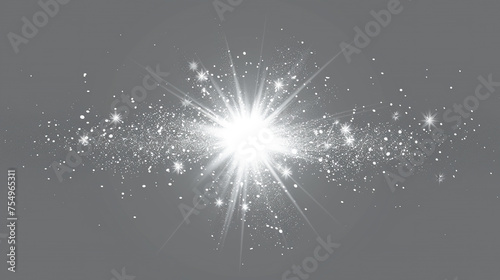 light sparkle flare , rays of silver and white lights from a star on grey background