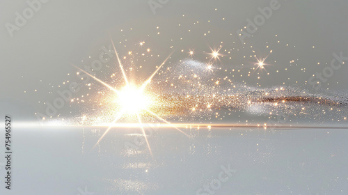 light sparkle flare , rays of silver and white lights from a star on grey background