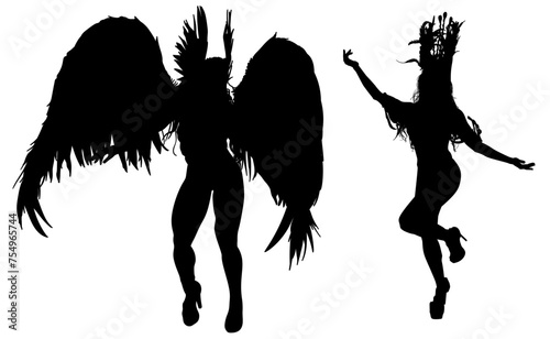 samba, baile, brasil, danza, carnaval, silueta, color, vector, pegatina, plumas, traje, ilustracion, angel, diablo	

