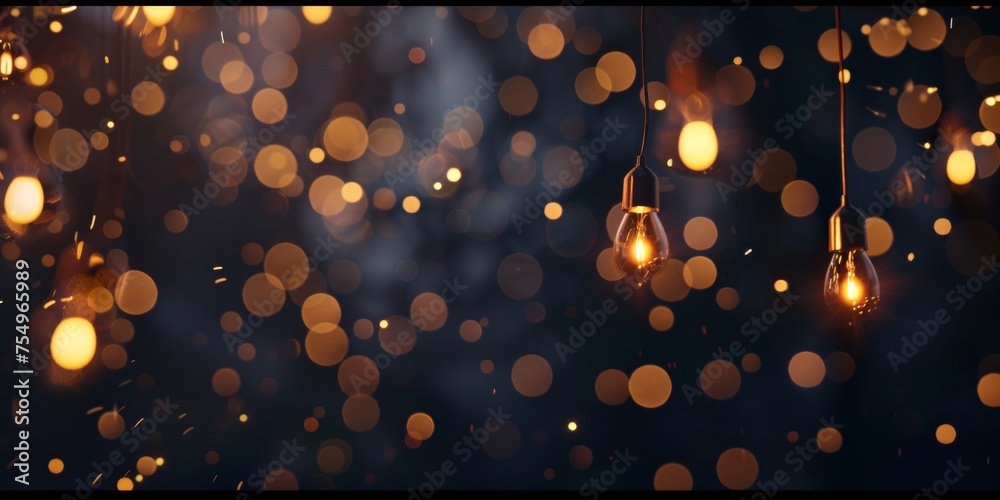 A series of lights hanging from the ceiling, creating a warm and cozy atmosphere - obrazy, fototapety, plakaty 
