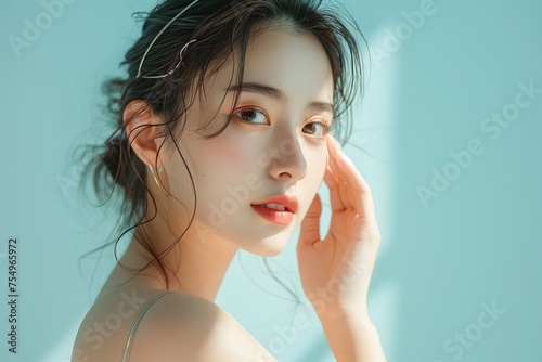 Close up young Asian beauty woman with korean makeup style, perfect clean skin on isolated blue background. Facial treatment, sunlight.