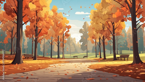 vector art of Autumn trees in a forestry park, thin leaves, and cinematic colors. 