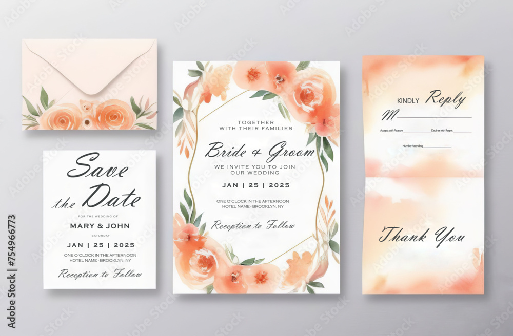 Watercolor peach colored wedding invitation card template set with floral decoration. Abstract background invitation, greeting card, reply card, envelope, save the day card, multi-purpose vector
