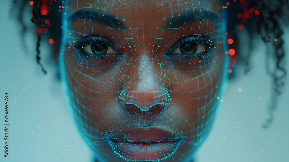 African American Female Cyber Security Analysts Face With Ai Facial Mapping Technology Overlay 5978