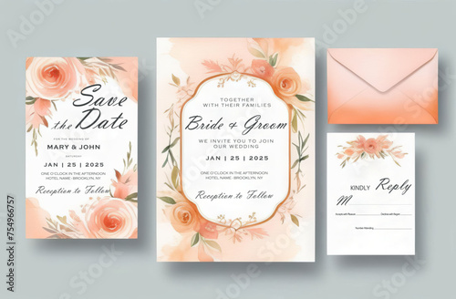 Watercolor peach colored wedding invitation card template set with floral decoration. Abstract background invitation, envelope, save the day card, multi-purpose vector.