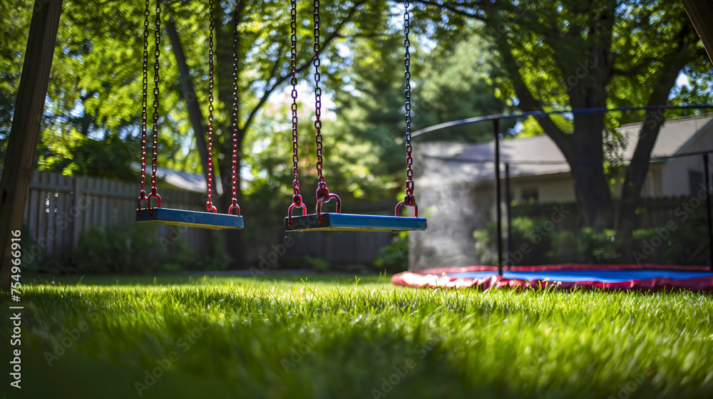 Red and blue swings in the sunny backyard, trampoline and grass blurred in the background, leisure time summer activities for fun Red and blue swings in the sunny backyard, trampoline and grass blurred in the background, leisure time summer activities for fun