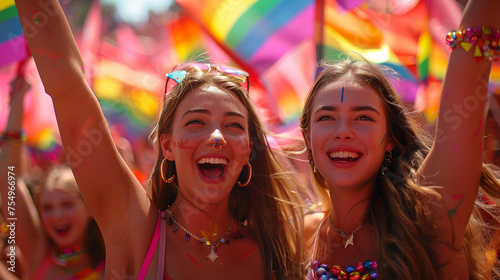 Happy couple of lesbian girls celebrating gay pride day on the street with rainbow colored flags. Public and LGBTQ+ community.