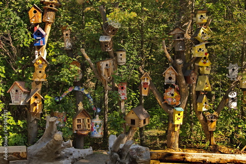 Russia. Novosibirsk Zoo named after Rostislav Shilov. Creative wooden birdhouses made by children on the trees of the central alley of the zoo.