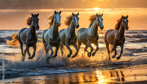 Gallopping horses on a sunset beach