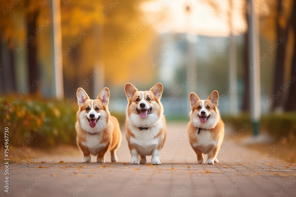 Corgi dogs walk on street in autumn