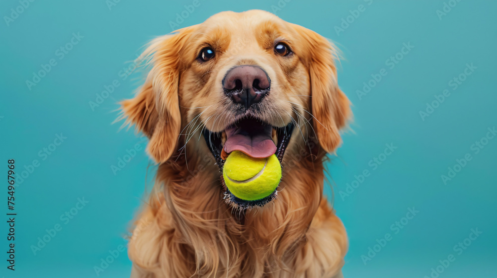 Funny portrait cute dog Golden Retriever holding