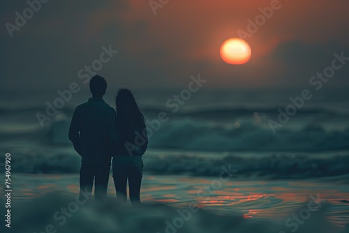 a man and a woman standing in the ocean at sunset