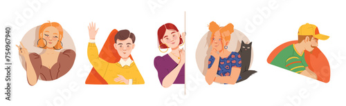 People Characters Looking Out of Window of Geometrical Shape Vector Set
