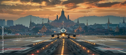 Don Mueang Airports Stealth Aircraft Journeys to the Temple of the Emerald Buddha in Textured Painting with Rich Colors and Mid-century Modern Style