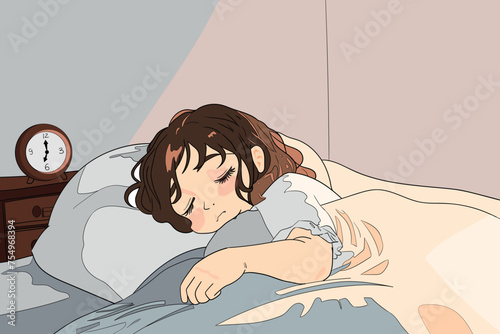 Vector illustration. Portrait of a girl sleeping in her bed under a warm blanket