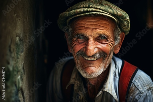 Radiant Photo of Italian old man smiling. Happy elderly man. Generate ai