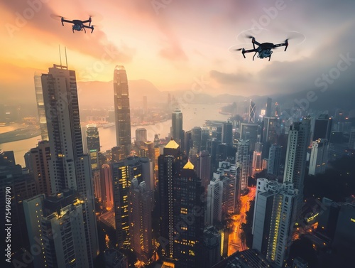 Two drones hover over a city at dawn  capturing the essence of modern urban life and technology.