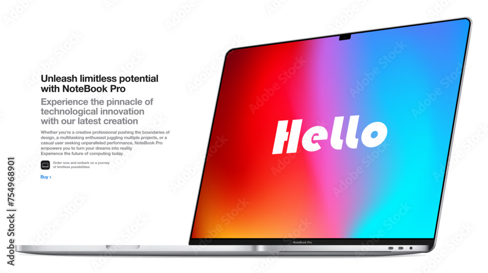 © Andriy Mertsalov - frameless silver laptop with a colorful screen, isolated on a white background. realistic mockup of a new notebook with shadow. vector 3d isometric illustration