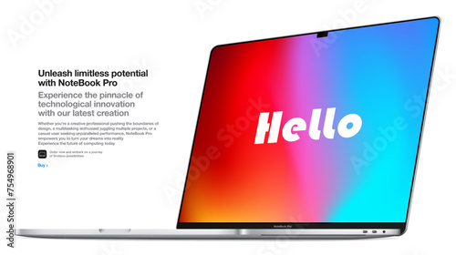 frameless silver laptop with a colorful screen, isolated on a white background. realistic mockup of a new notebook with shadow. vector 3d isometric illustration