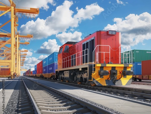Cargo train loaded with colorful containers at a bustling port, showcasing efficient logistics and transportation.