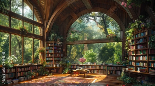 a room filled with lots of books next to a window filled with lots of green plants and a book shelf filled with lots of books. photo