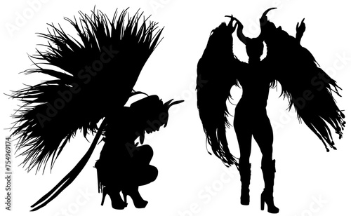 samba, baile, brasil, danza, carnaval, silueta, color, vector, pegatina, plumas, traje, ilustracion, angel, diablo	
