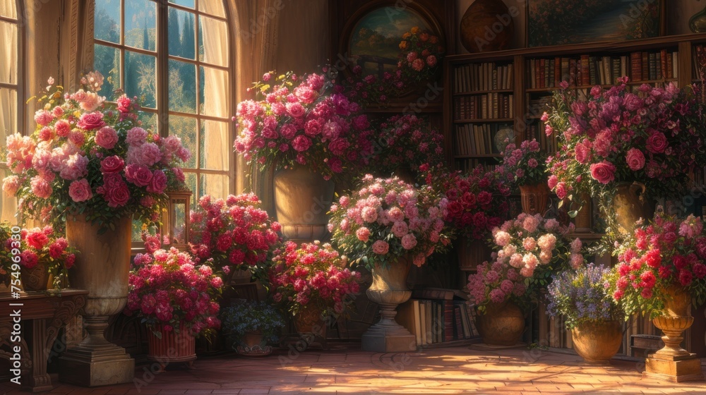 a painting of flowers in vases in front of a bookshelf with bookshelves in the background.