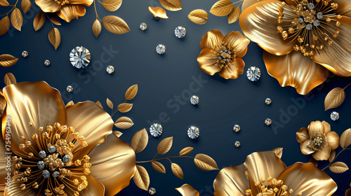 Gold flowers and diamonds on dark blue background