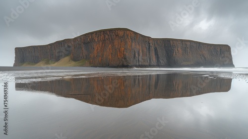 a mountain with a body of water in front of it and a rock outcropping in the background. photo