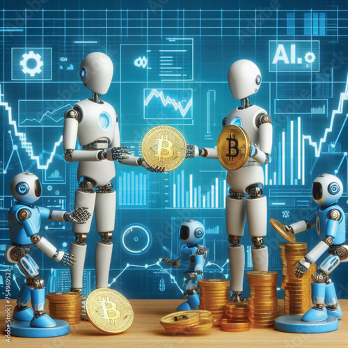 AI robots holding bitcoins. The background reveals a graph symbolizing financial data. Provide a detailed description of this captivating futuristic scenario