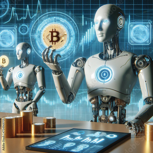 AI robots holding bitcoins. The background reveals a graph symbolizing financial data. Provide a detailed description of this captivating futuristic scenario