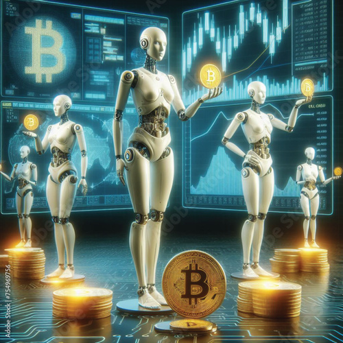 AI robot holding Bitcoins, financial graph illustration Profit from trading Reveals a symbolic graph of financial data. Provides detailed descriptions of fascinating future scenarios.
