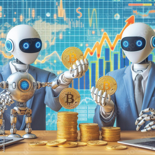 AI robot holding Bitcoins, financial graph illustration Profit from trading Reveals a symbolic graph of financial data. Provides detailed descriptions of fascinating future scenarios.