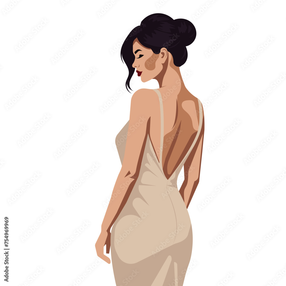 Vector flat fashion illustration of a young sexy girl in an elegant backless dress. Back view.
Vector flat fashion illustration of a young sexy girl in an elegant backless dress. Back view.