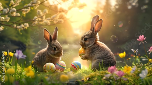 Multi-colored Easter eggs with the Easter bunny in nature