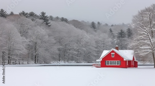 a red house in the middle of a snow covered field with trees in the background and a dusting of snow on the ground. photo