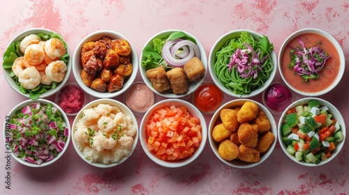 a table topped with bowls filled with different types of food next to salads and dipping sauces on top of each other.