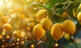 Beautiful fresh ripe lemons hanging on a branch with leaves in garden, closeup