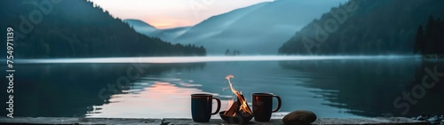 A kettle on a fire. A teapot on the shore of a mountain lake. Mug of tea near the fire