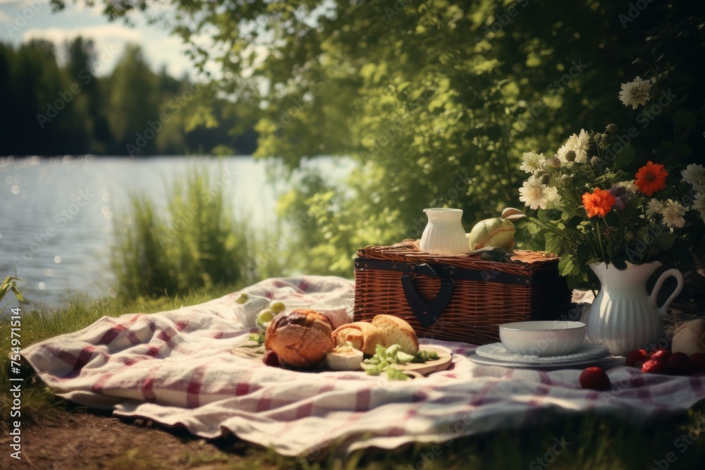 Fototapeta premium Tranquil Picnic spring meadow nature. View meal. Generate Ai